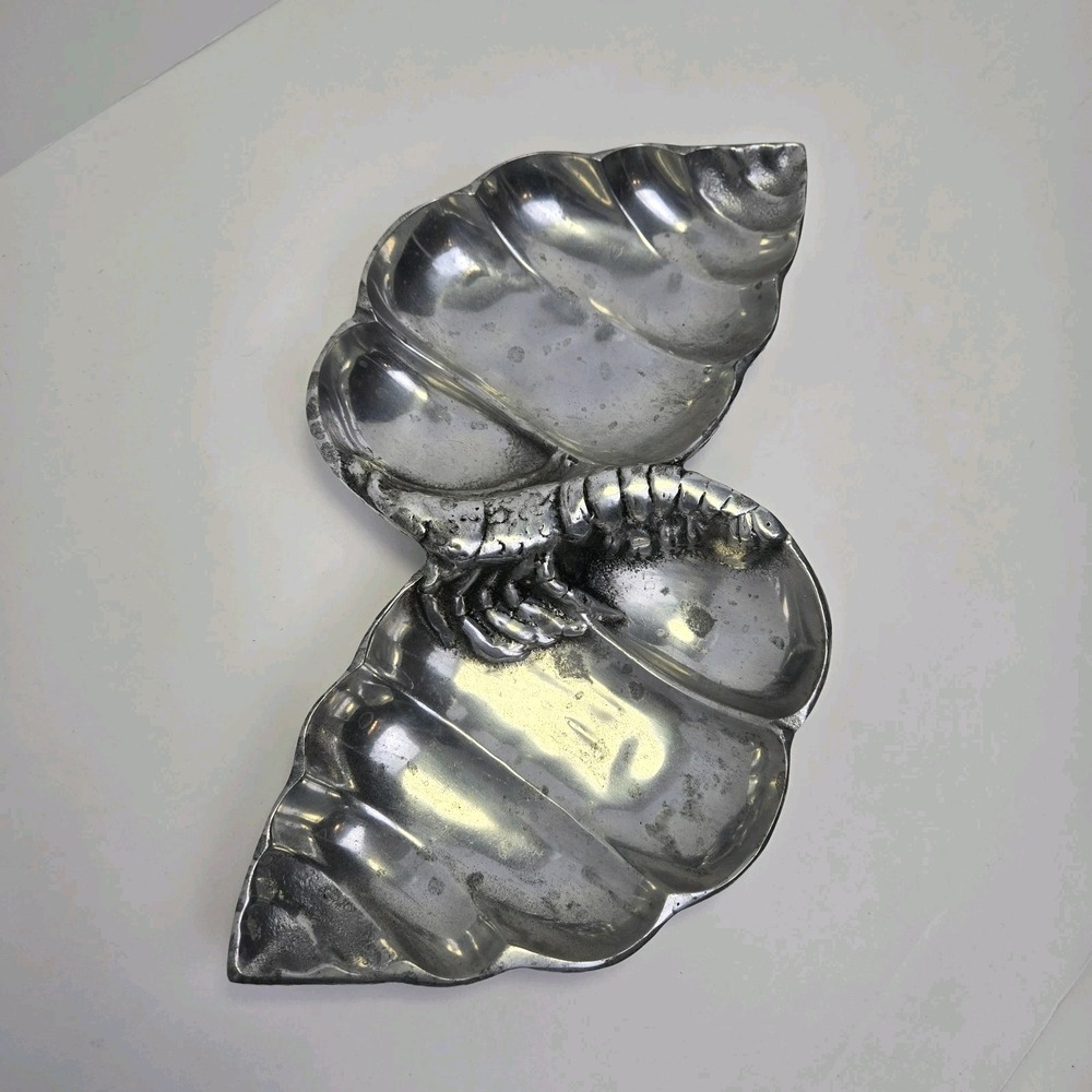 Betty Barrena Vtg Pewter‎ Double Shell Shrimp Serving Dish Handcrafted In Mexico